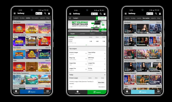 Mobiele versie van Betway met casinospellen, sportweddenschappen en live casino op smartphones