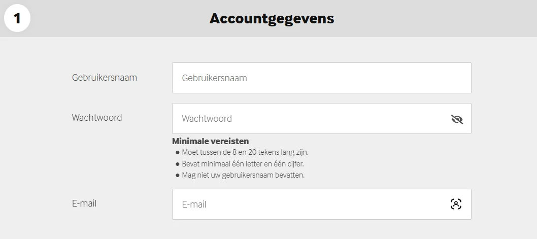 Registratieformulier van Betway met velden voor gebruikersnaam, wachtwoord en e-mailadres